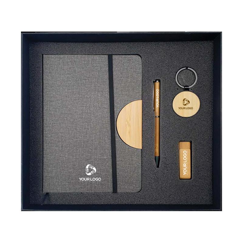 Black Cardboard gift box with A5 Size Dorniel Notebook, Bamboo Pen, Metal Keychain with Bamboo